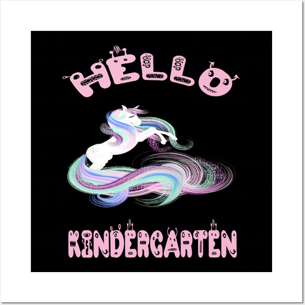 Hello Kindergarten Colorful Unicorn Back-To-School Preschool Design Wall Art by familycuteycom